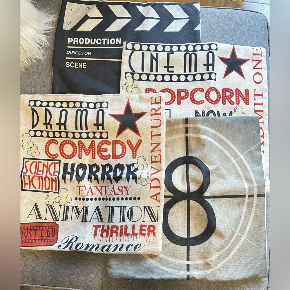 Home movie theater pillow cover set of 4, 18”x18”, vintage, retro cinema, EUC